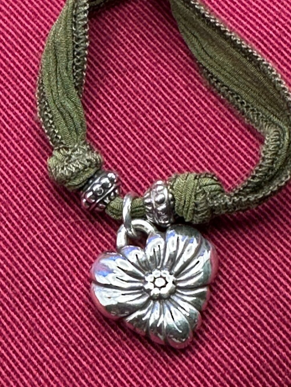 Brighton Silver-Plated Heart Pendant Necklace Fabric Strand